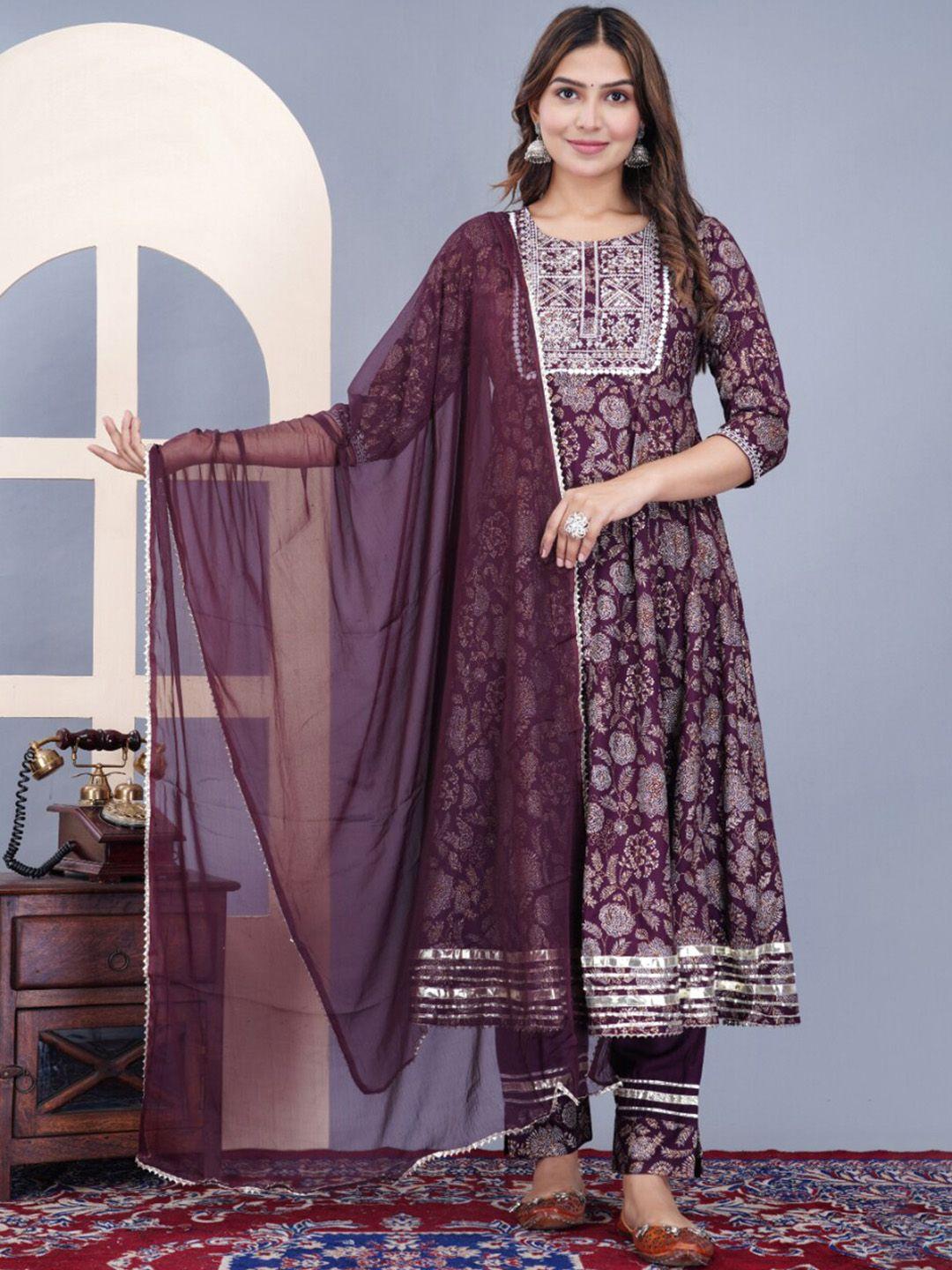 kalini floral printed thread work gotta patti anarkali kurta with trousers & dupatta