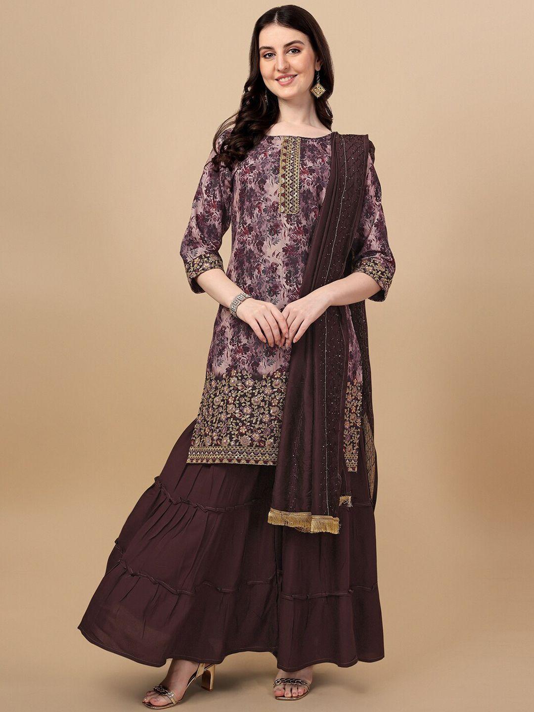 kalini floral printed thread work kurta with sharara & dupatta