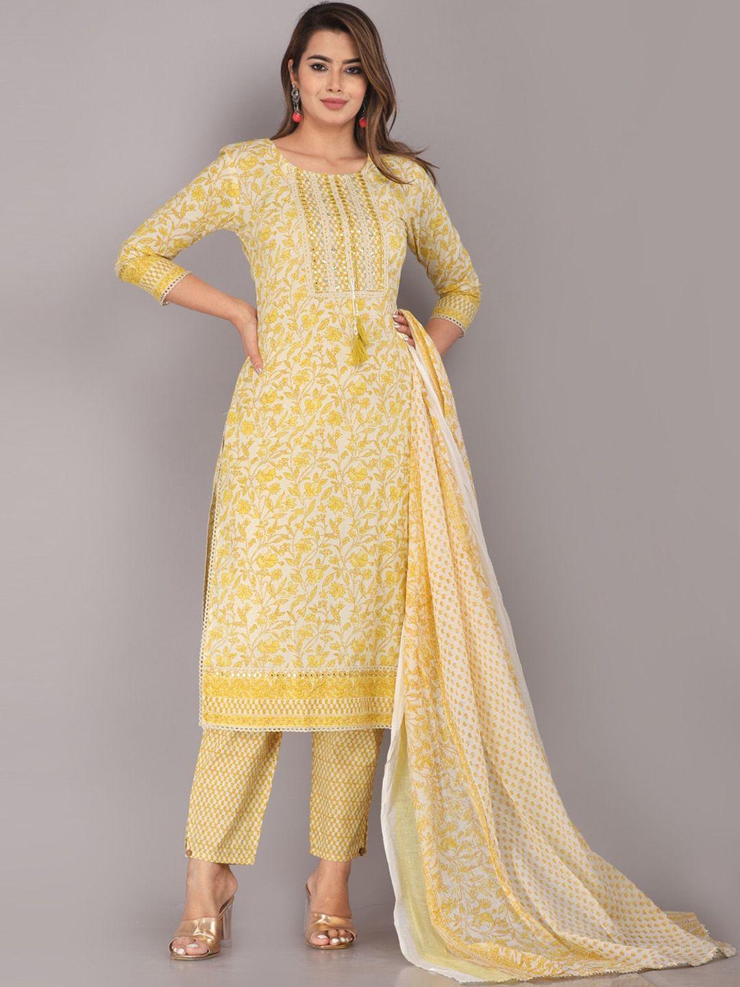 kalini floral printed thread work pure cotton kurta & trousers with dupatta