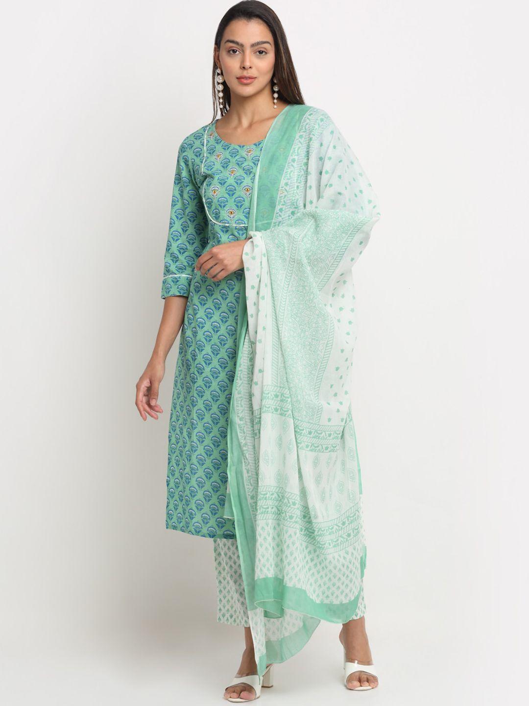 kalini floral printed thread work pure cotton kurta with trousers & with dupatta