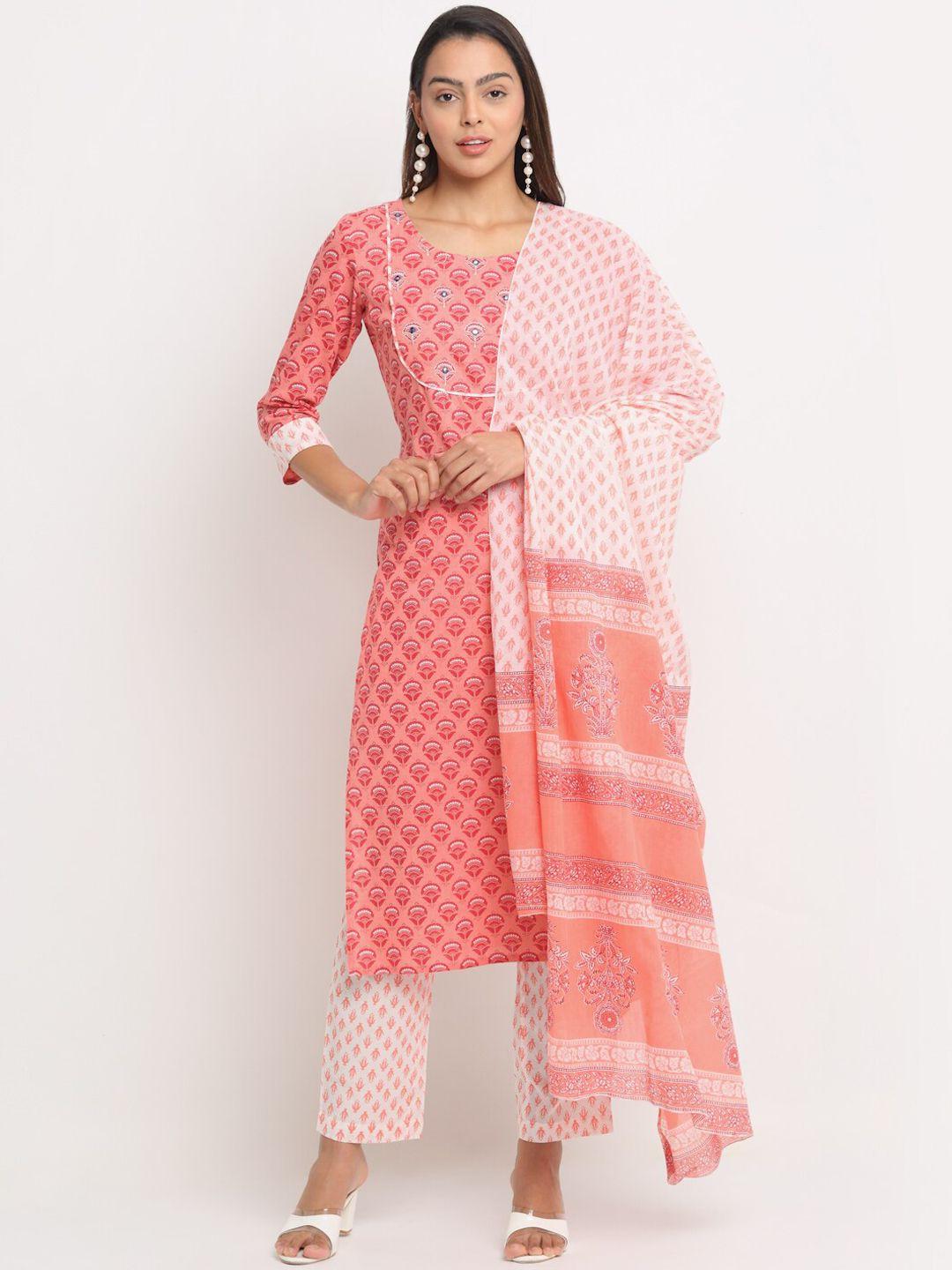 kalini floral printed thread work pure cotton kurta with trousers & with dupatta