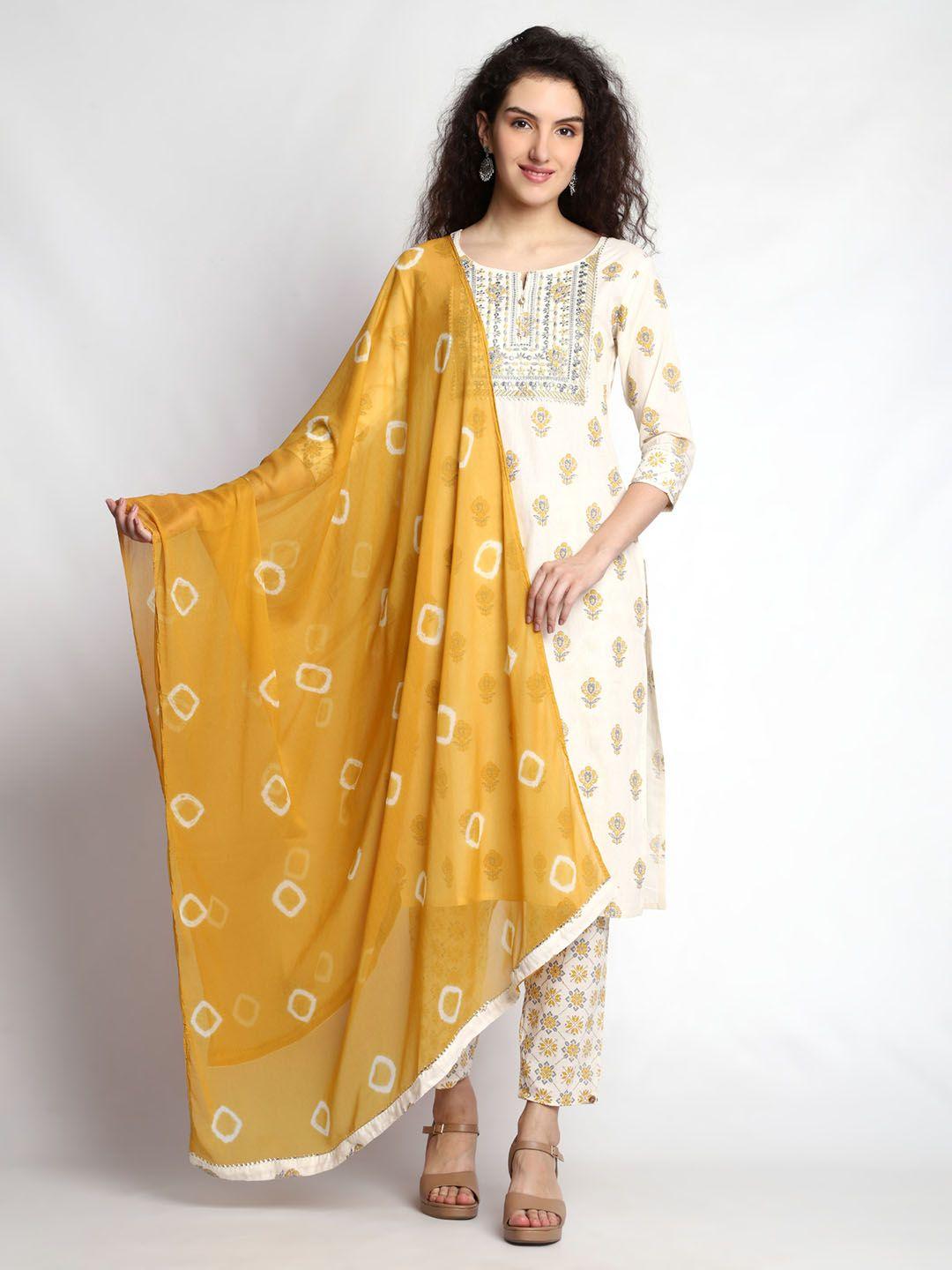 kalini floral printed thread work pure cotton straight kurta & trousers with dupatta