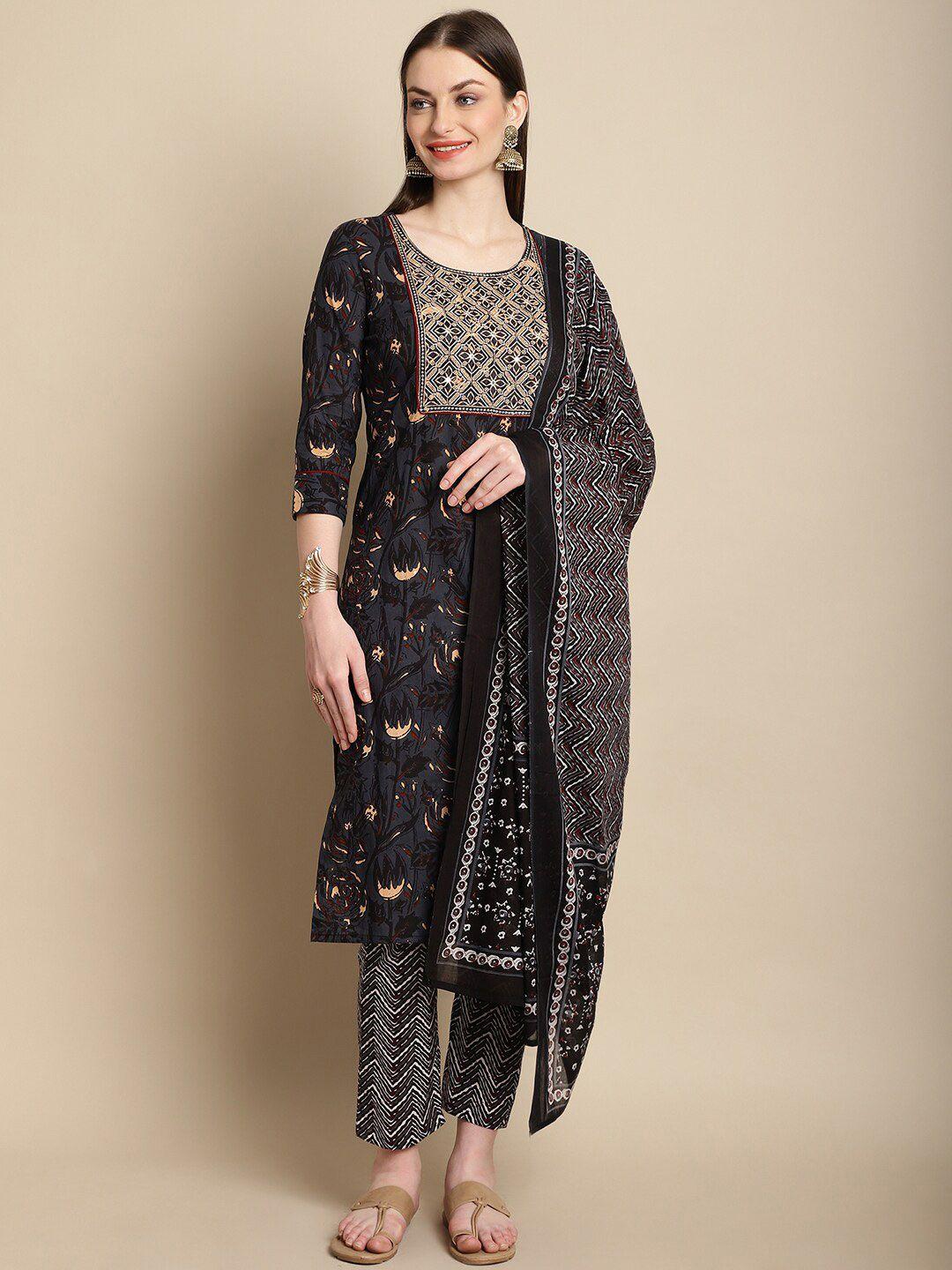 kalini floral printed thread work straight kurta & trousers with dupatta