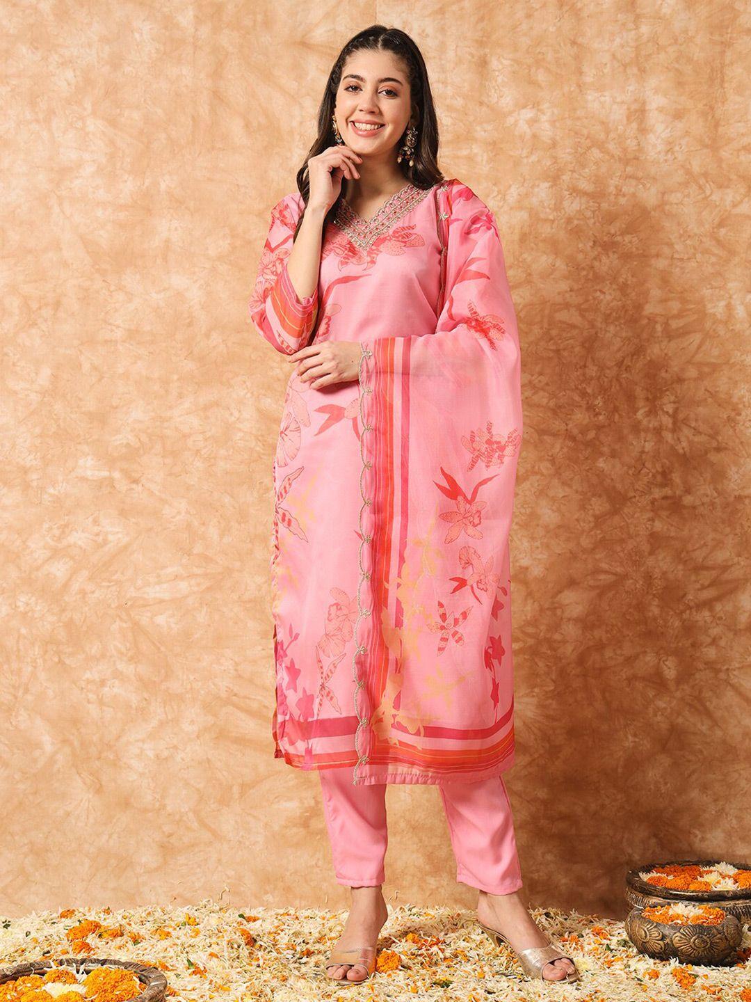 kalini floral printed thread work straight kurta & trousers with dupatta