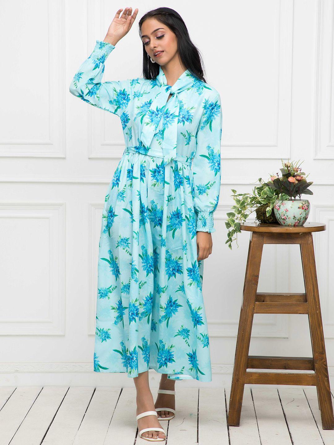 kalini floral printed tie-up neck cuffed sleeves a-line midi dress