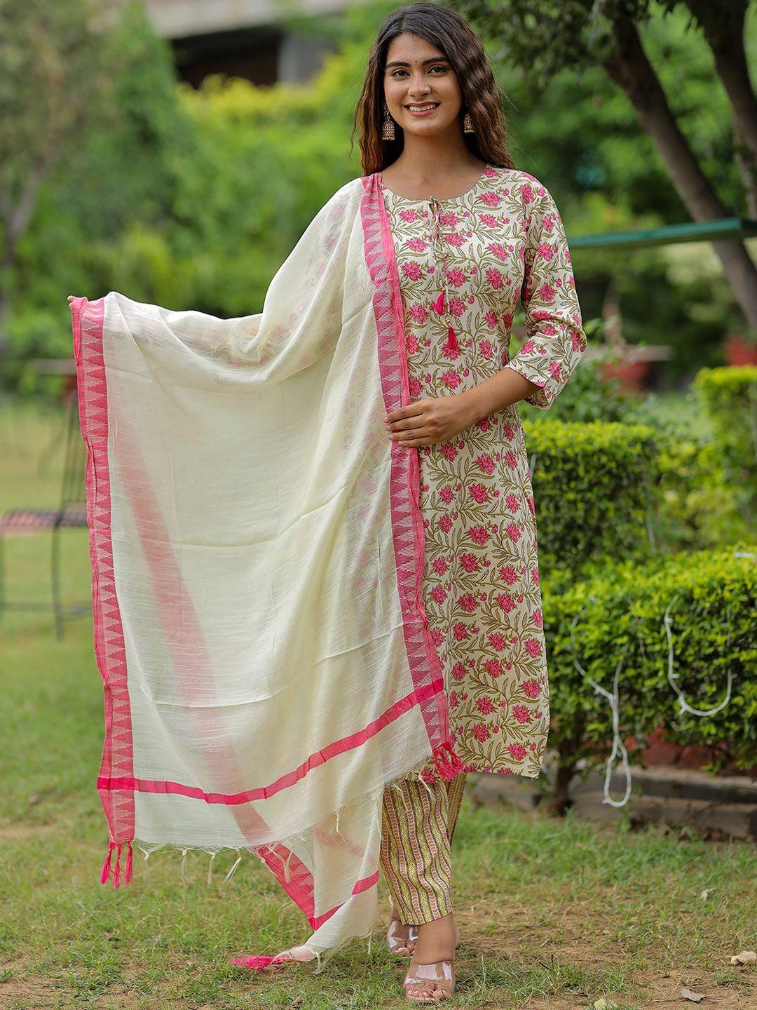 kalini floral printed tie-up neck pure cotton kurta with trousers & dupatta