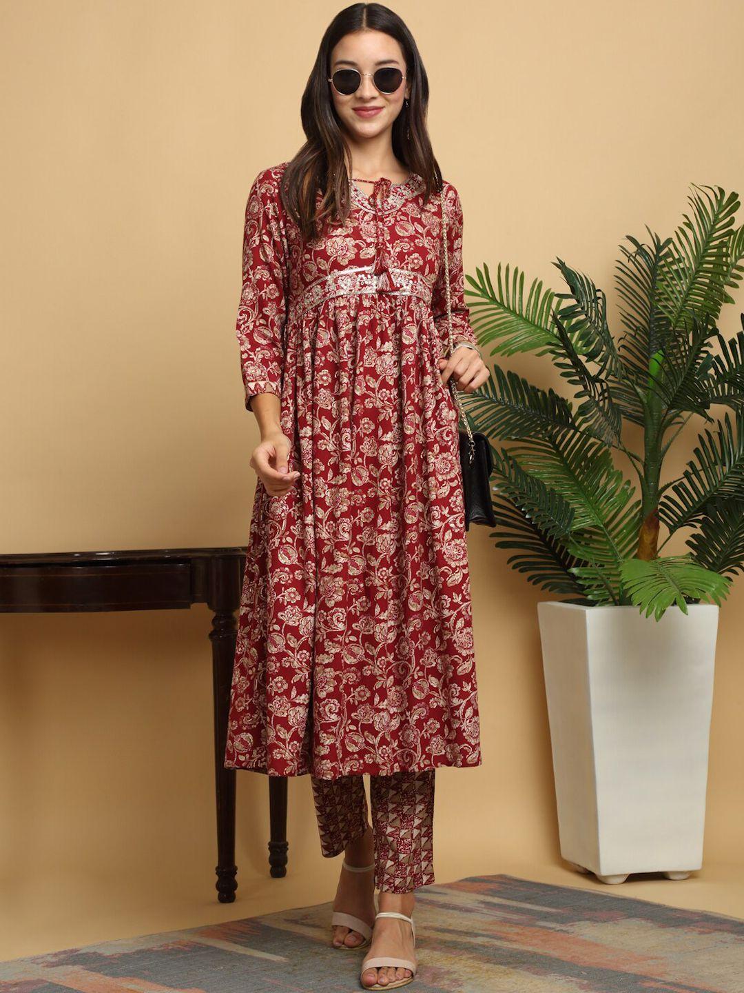kalini floral printed tie-up neck sequinned anarkali kurta with trousers