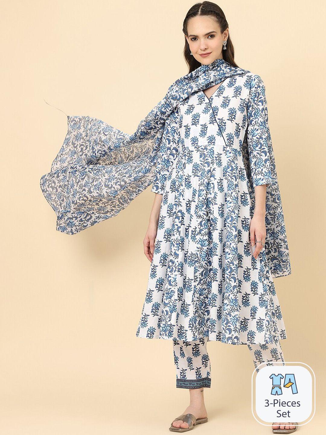 kalini floral printed v-neck a-line panelled kurta with trousers & dupatta