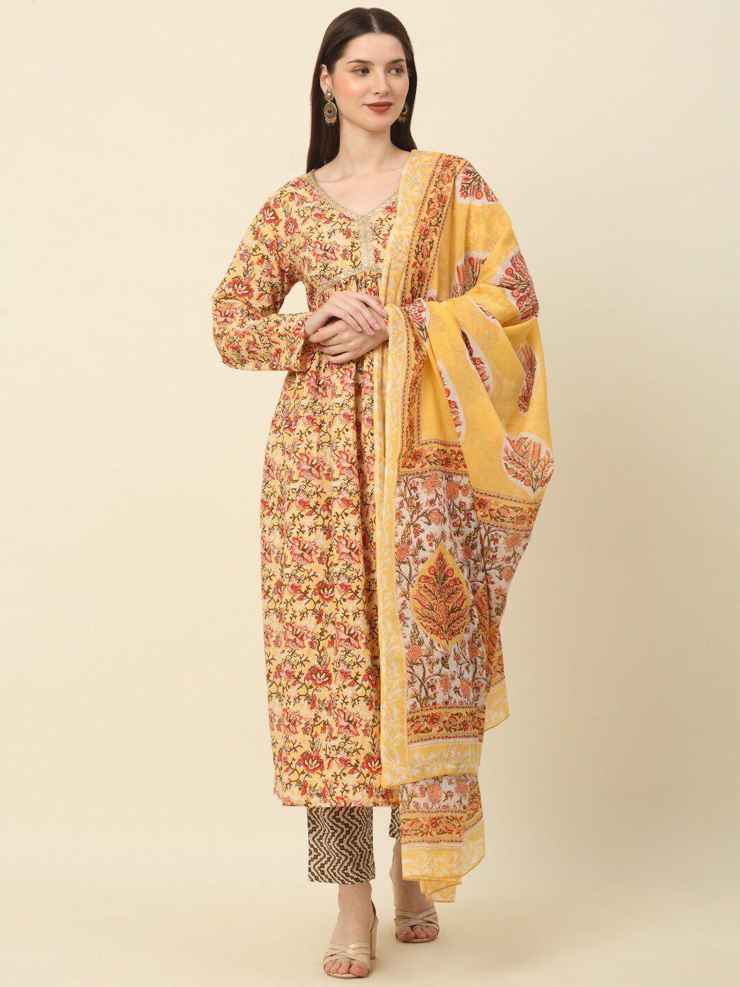 kalini floral printed v-neck a-line pure cotton kurta & trousers with dupatta