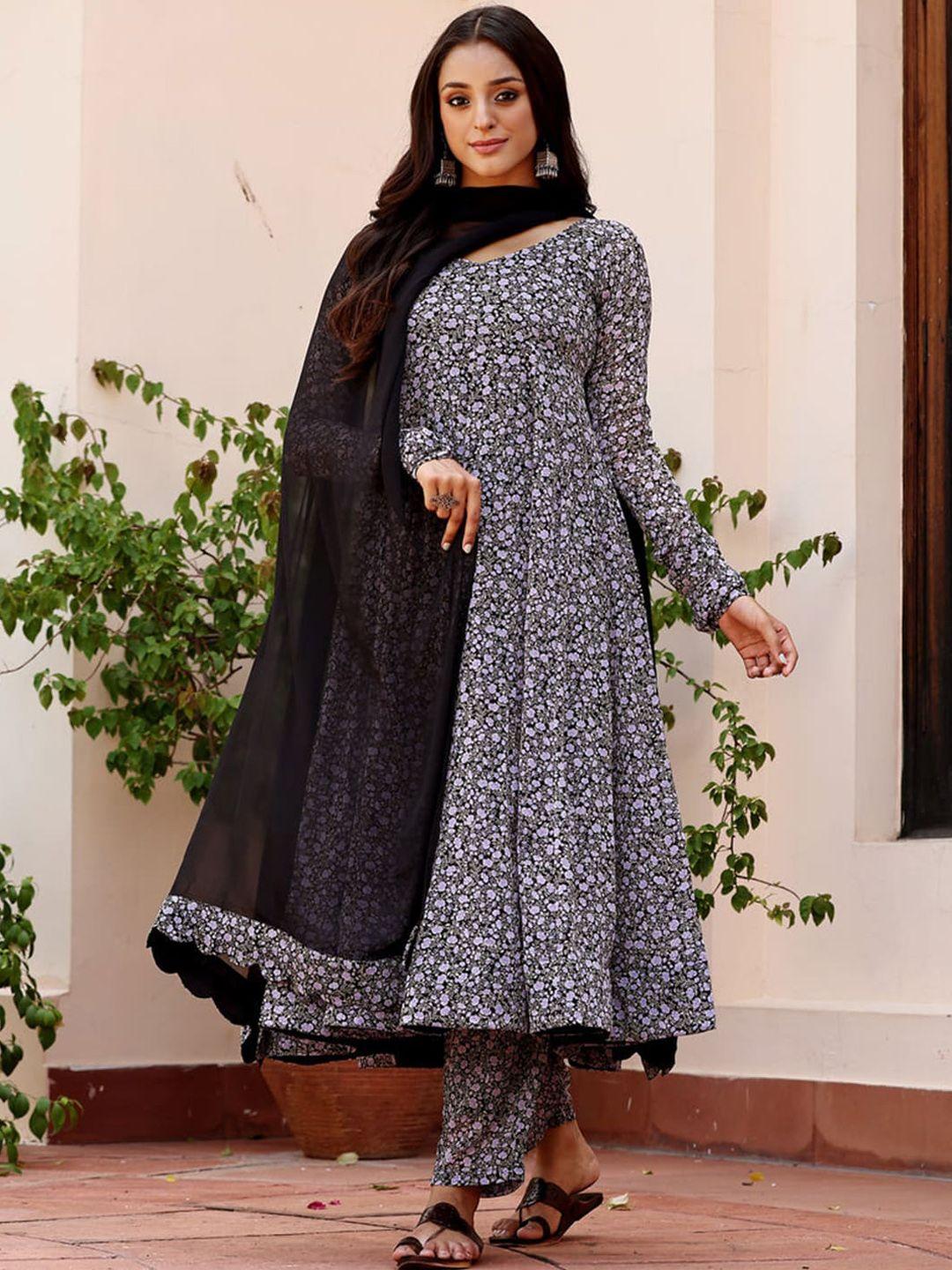 kalini floral printed v-neck anarkali georgette kurta with dupatta