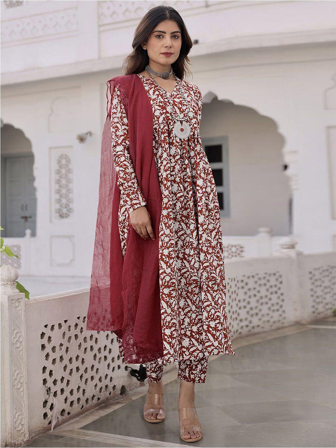 kalini floral printed v neck anarkali kurta & trousers with dupatta