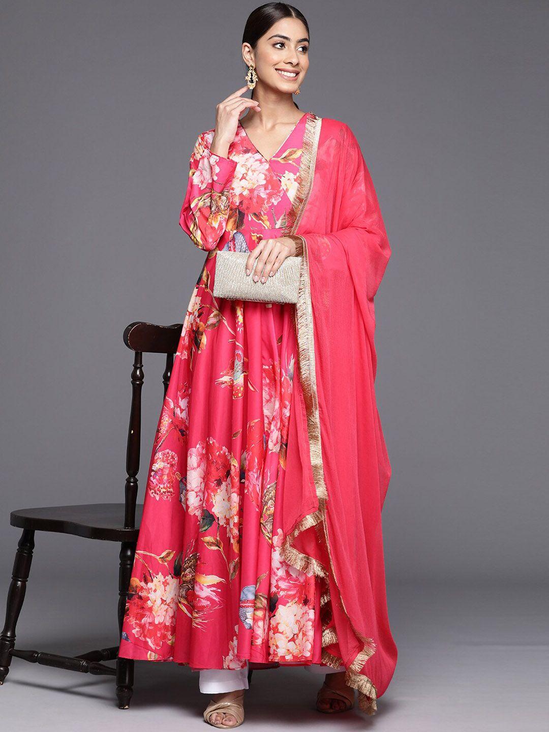 kalini floral printed v-neck anarkali kurta with dupatta