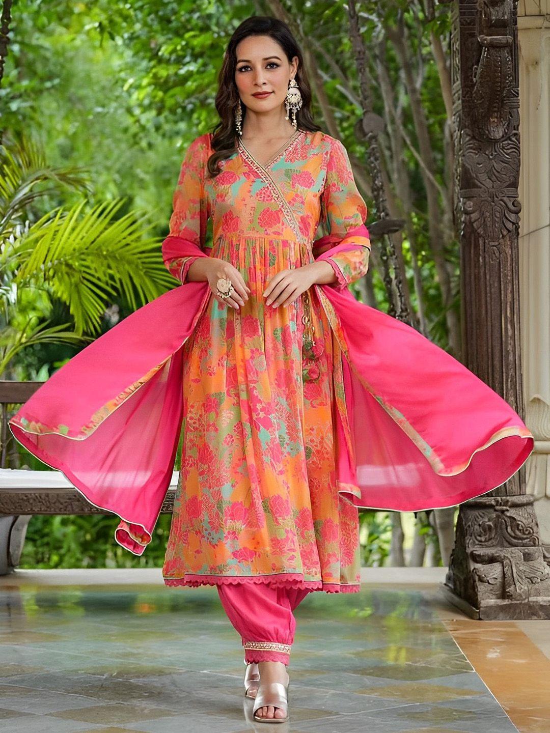 kalini floral printed v-neck angrakha anarkali kurta with trousers & dupatta