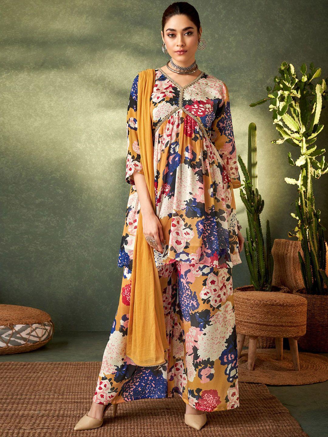 kalini floral printed v-neck beads and stones a-line kurti with palazzos & dupatta