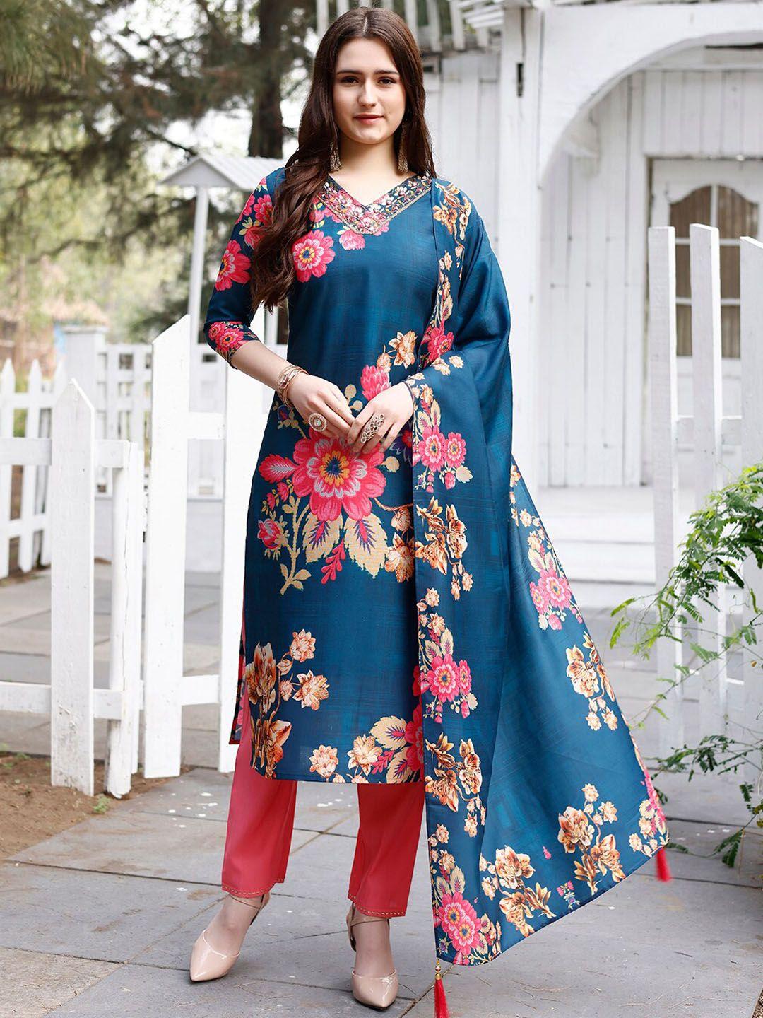 kalini floral printed v-neck beads and stones straight kurta with trouser & dupatta