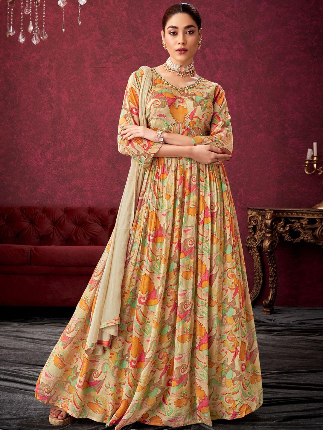 kalini floral printed v-neck bell sleeves embroidered maxi ethnic dress with dupatta