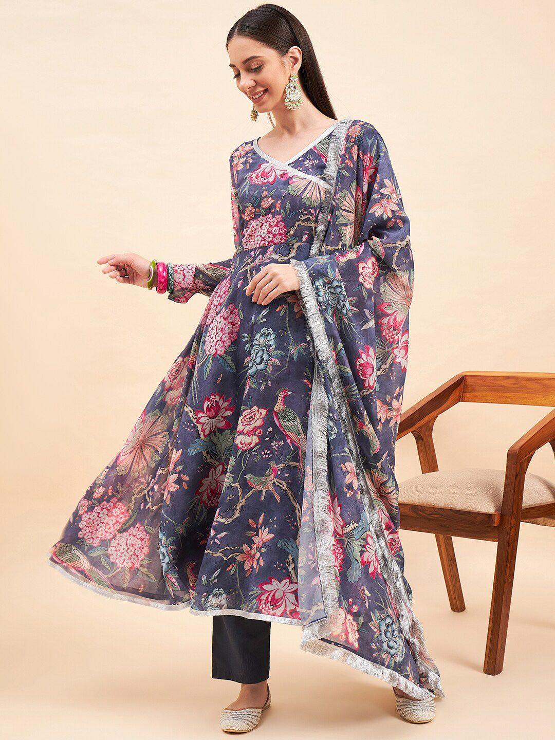 kalini floral printed v-neck empire anarkali kurta with trousers & dupatta