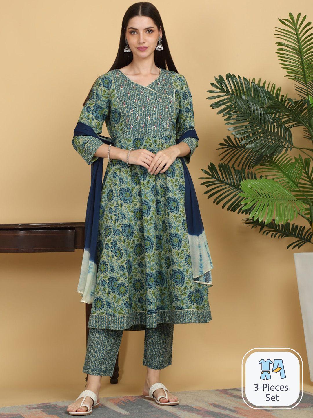 kalini floral printed v-neck gotta patti pure cotton a-line kurta with trousers & dupatta