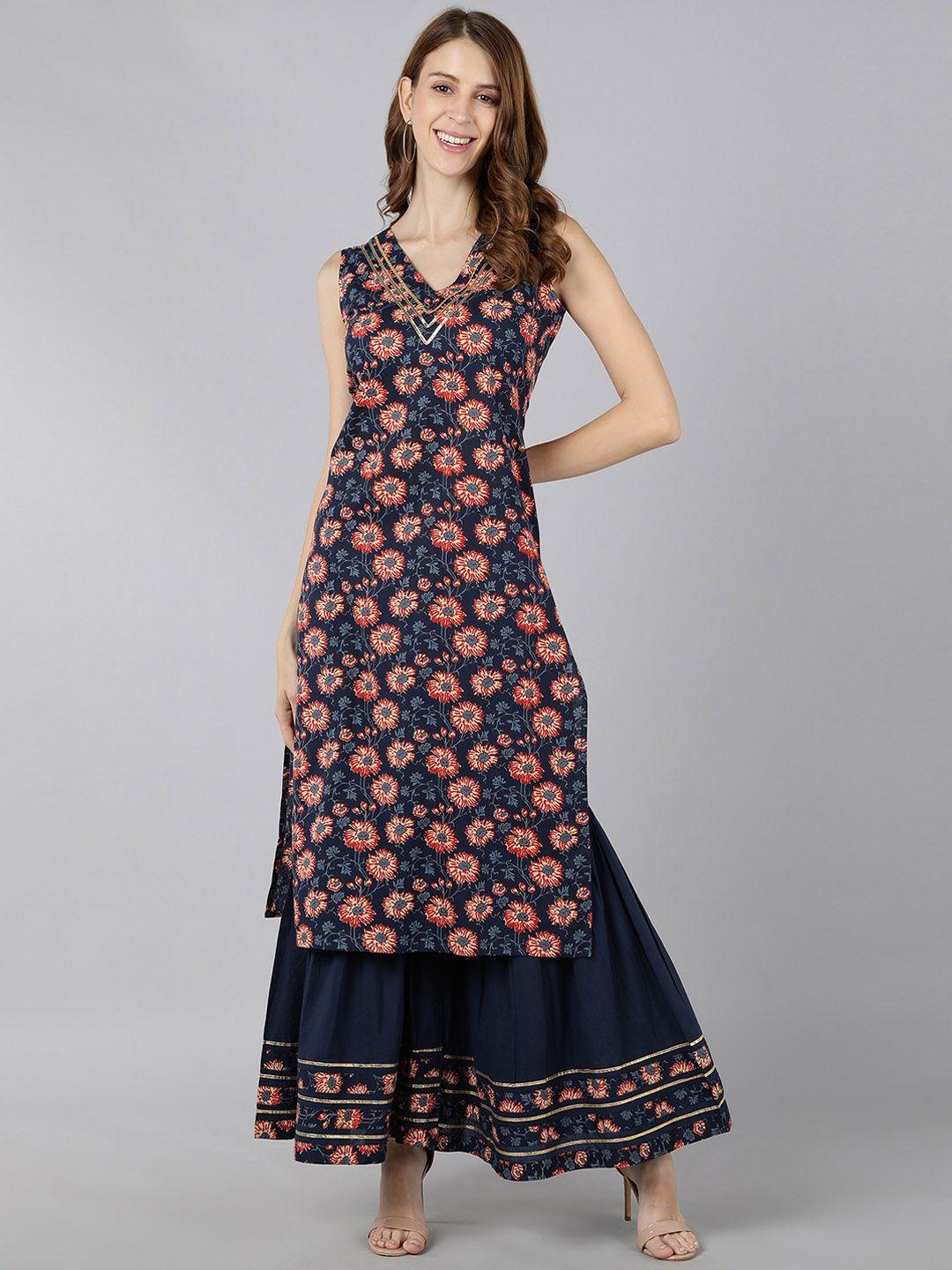 kalini floral printed v-neck gotta patti straight kurta with sharara