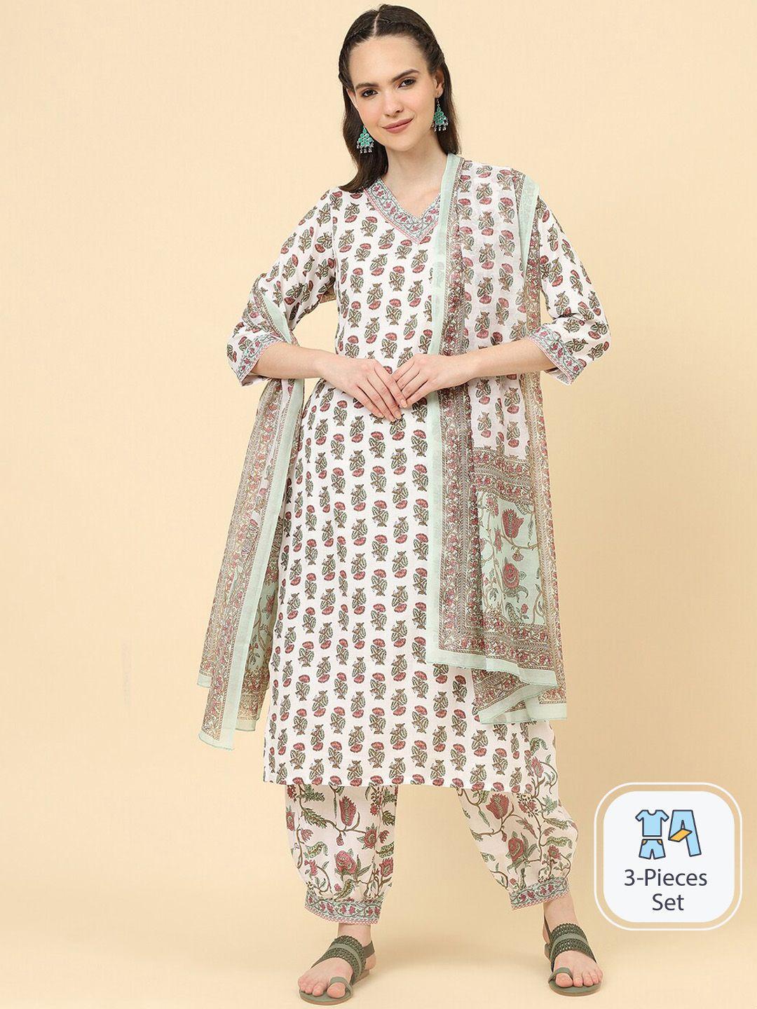 kalini floral printed v-neck kurta with trousers & dupatta