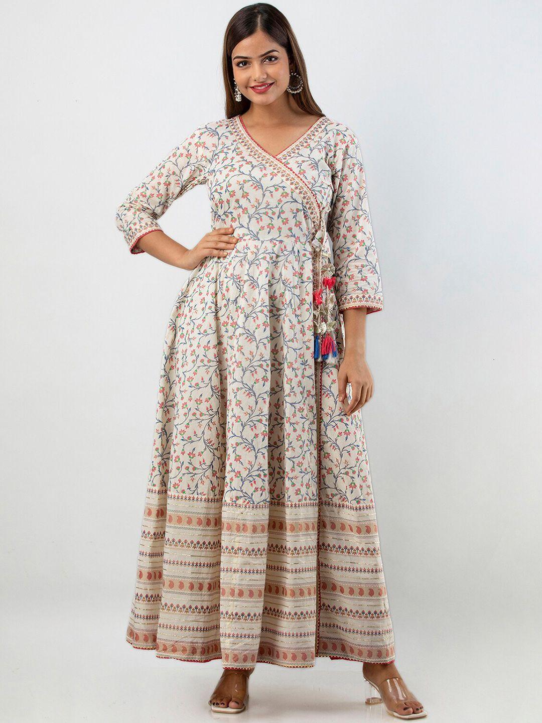 kalini floral printed v-neck mirror work angrakha cotton anarkali kurta