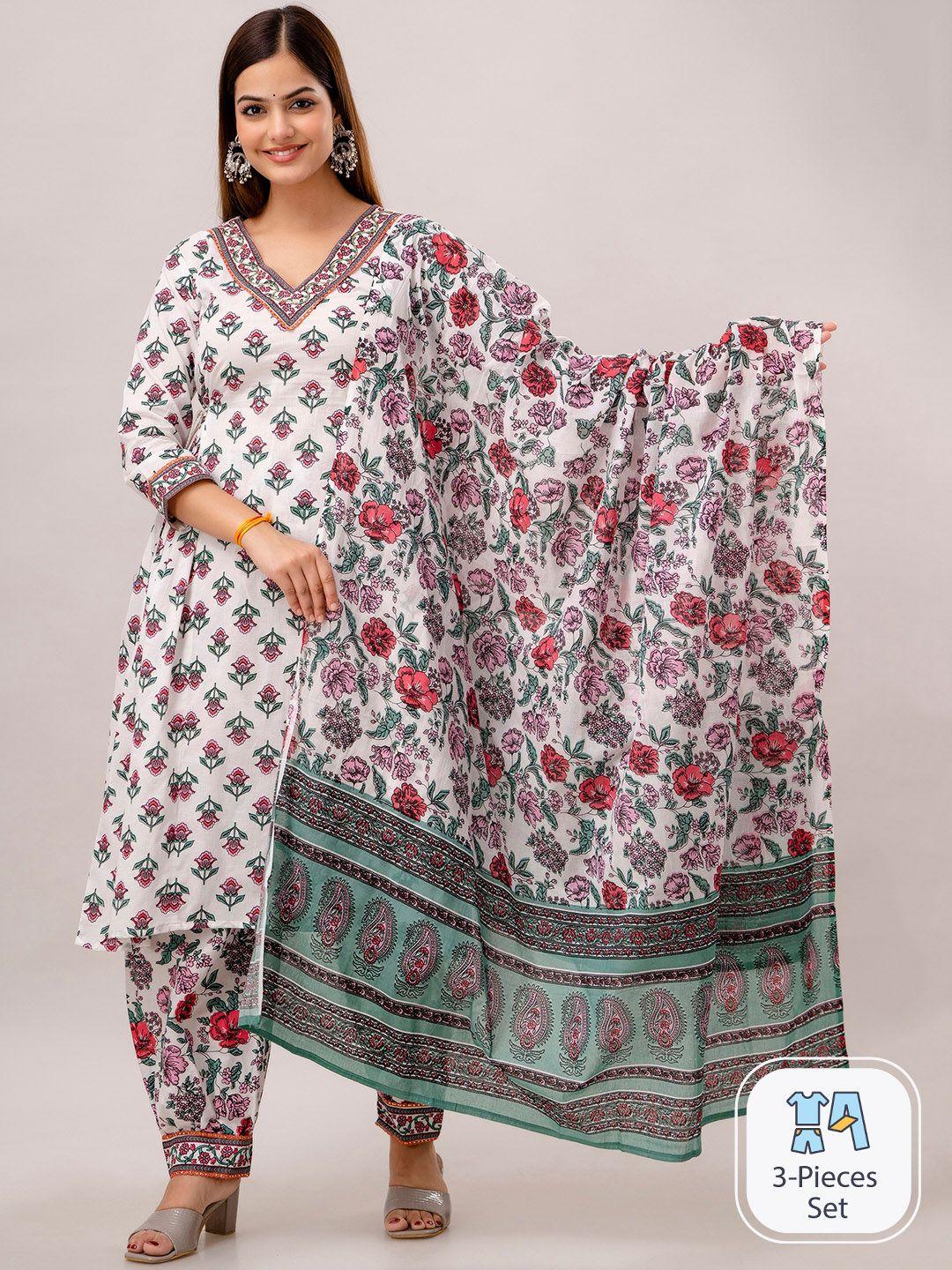 kalini floral printed v-neck mirror work pure cotton a-line kurta with salwar & dupatta