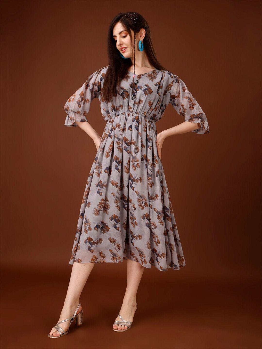 kalini floral printed v-neck puff sleeves fit & flare dress