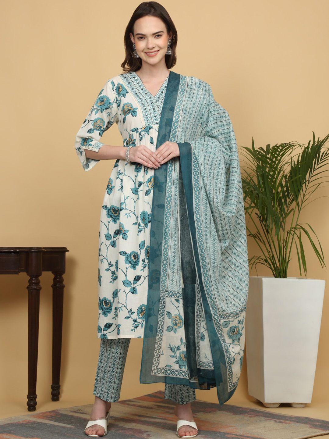 kalini floral printed v-neck pure cotton a-line kurta & trousers with dupatta