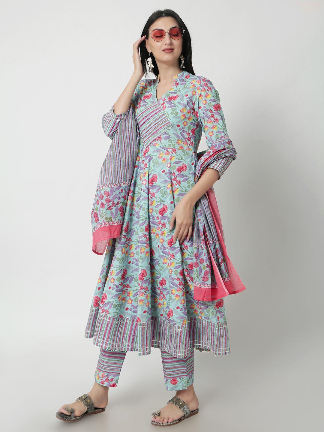 kalini floral printed v-neck pure cotton anarkali kurta with trousers & with dupatta