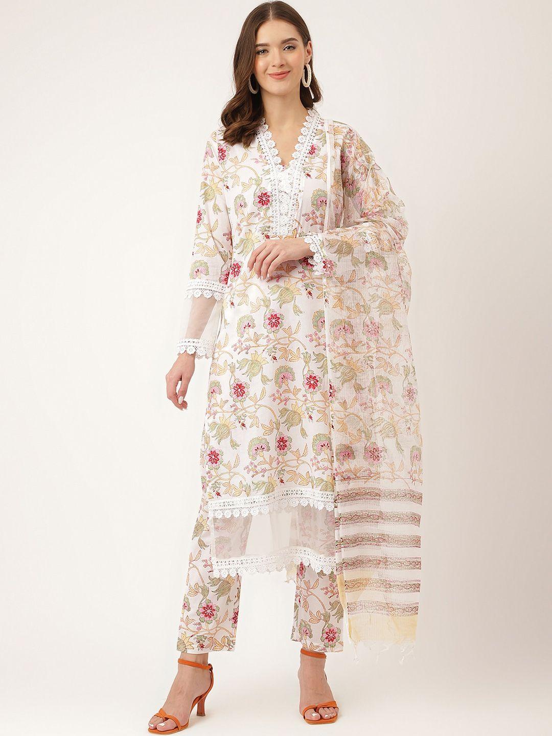 kalini floral printed v-neck pure cotton straight kurta & trouser with dupatta