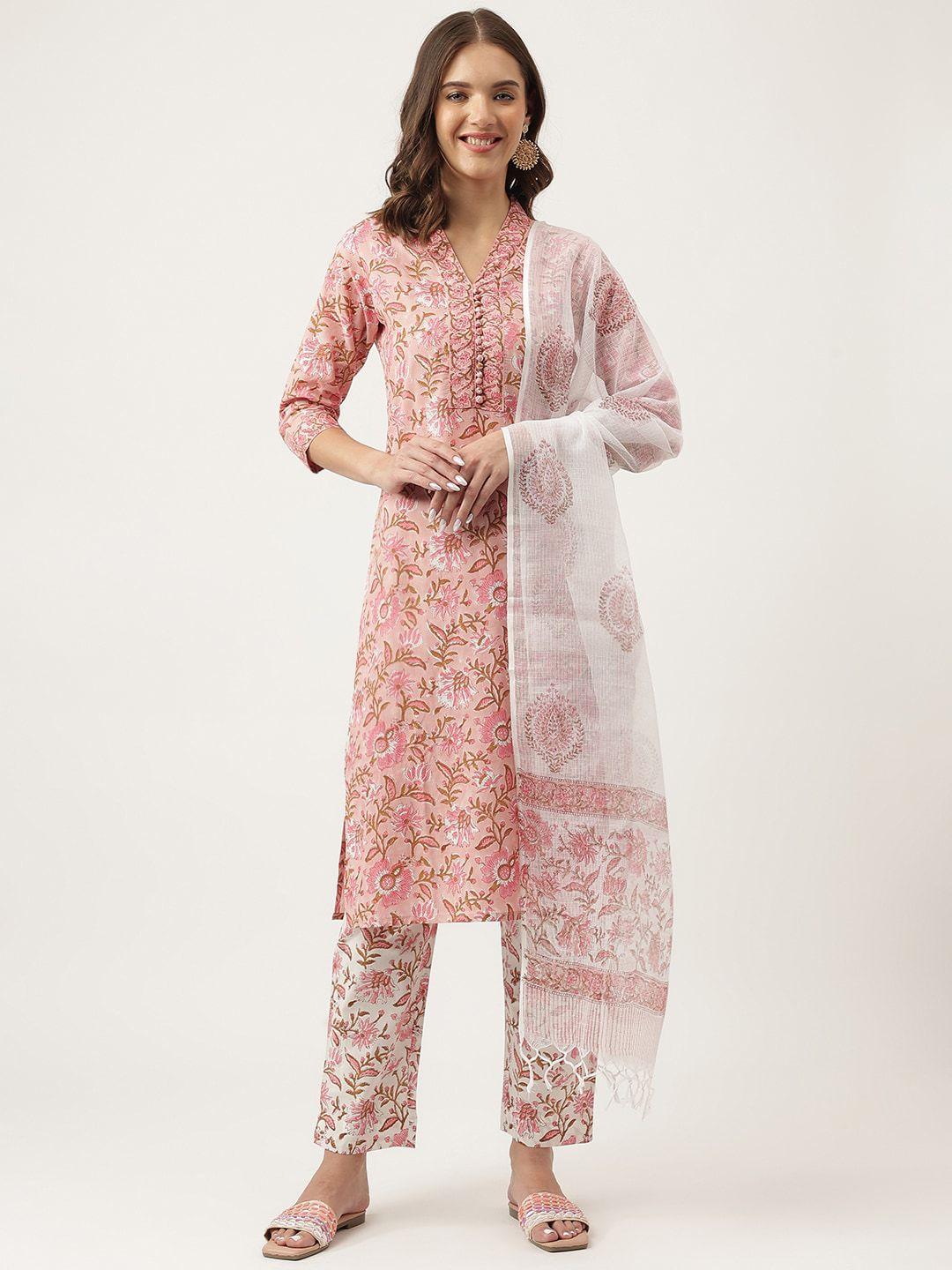 kalini floral printed v-neck pure cotton straight kurta & trouser with dupatta