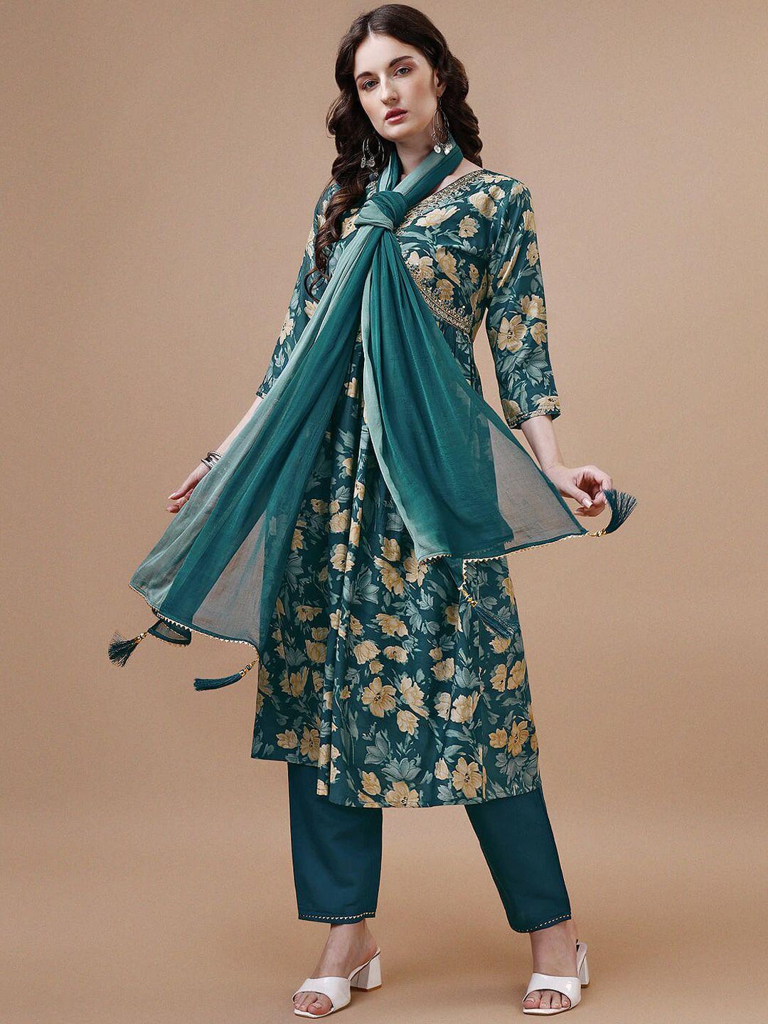 kalini floral printed v-neck sequinned empire a-line kurta with trousers & dupatta