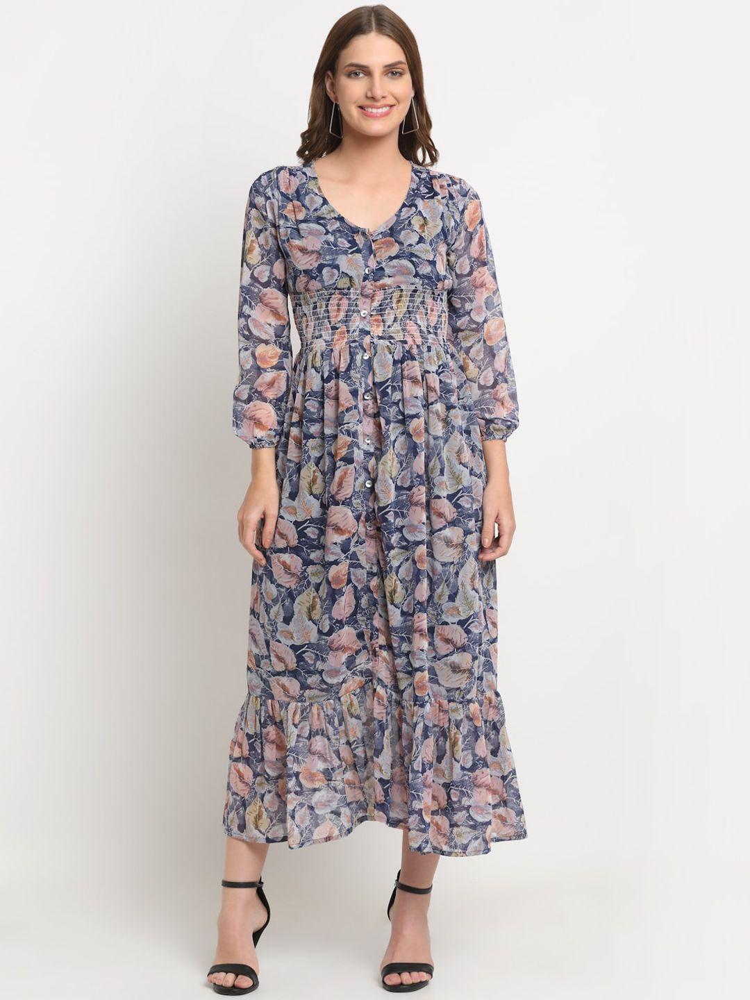 kalini floral printed v-neck smocked maxi tiered fit and flare dress