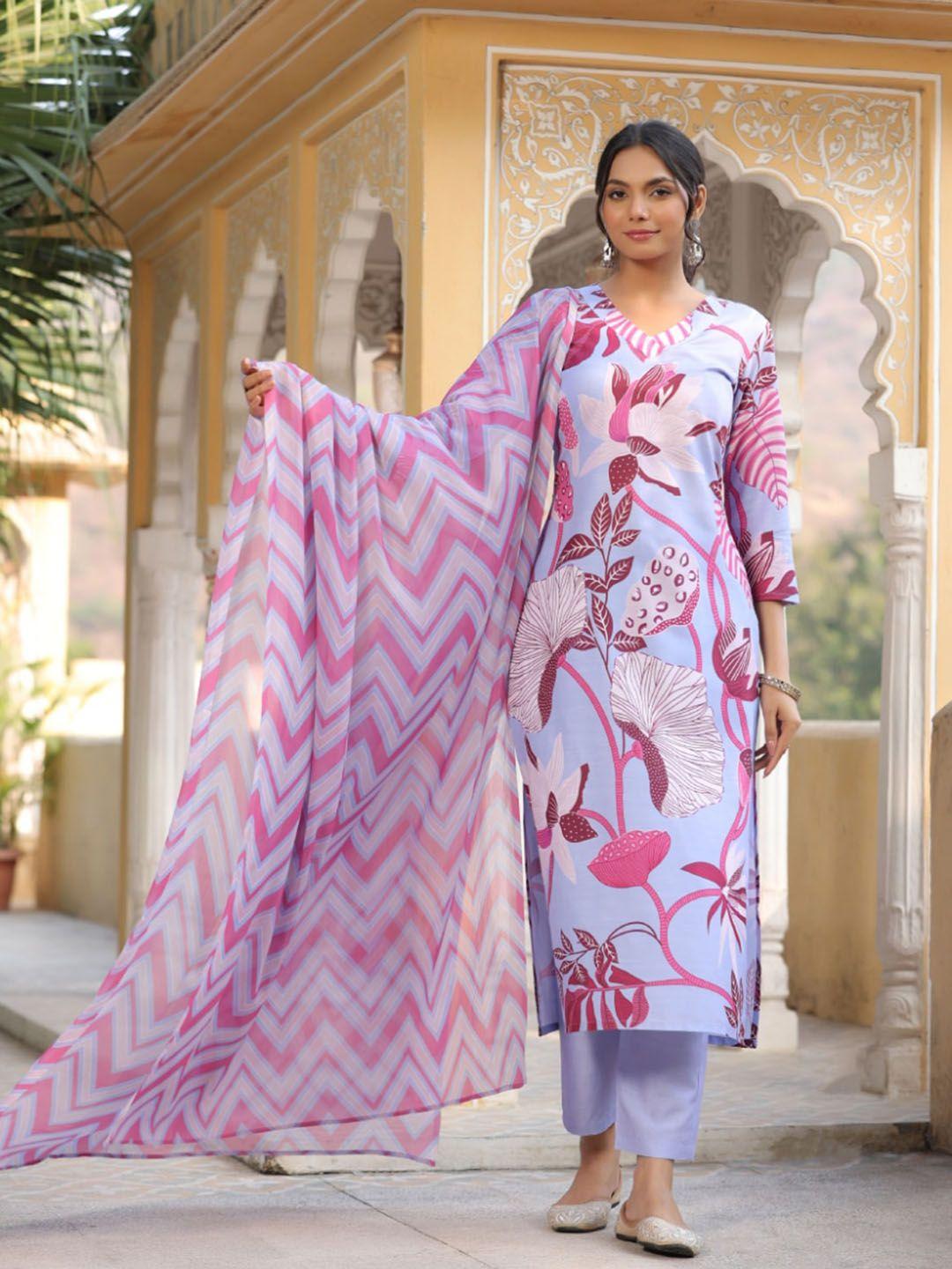 kalini floral printed v-neck straight kurta & trouser with dupatta