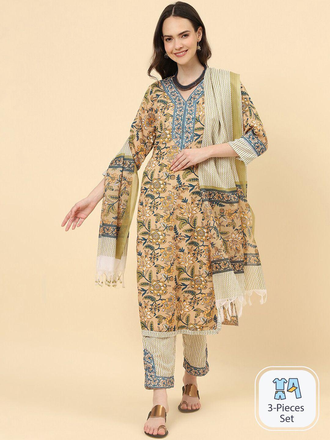 kalini floral printed v-neck straight kurta & trousers with dupatta