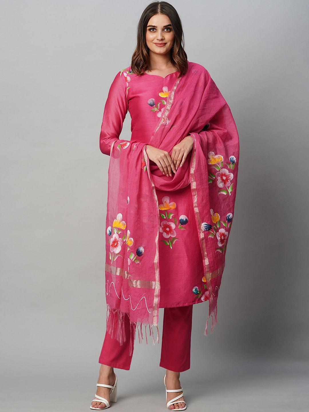 kalini floral printed v-neck straight kurta & trousers with dupatta