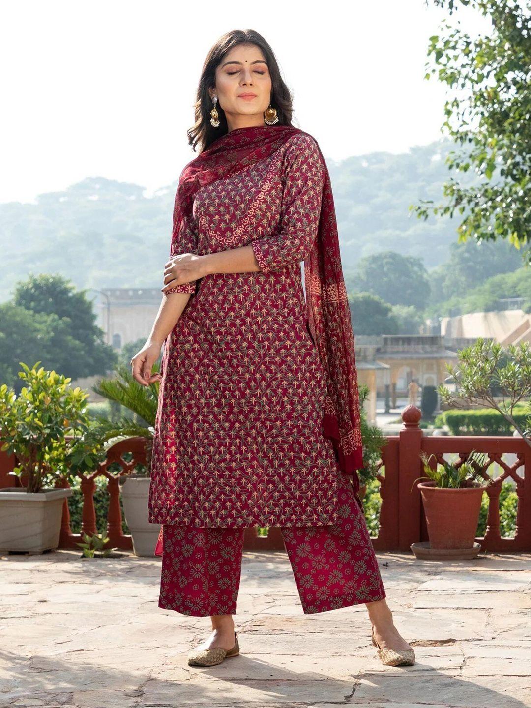 kalini floral printed v-neck straight kurta with palazzos & dupatta