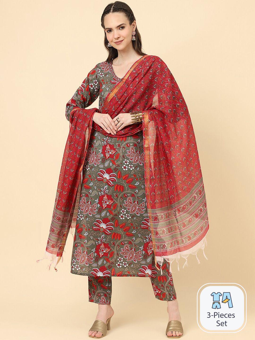 kalini floral printed v-neck straight kurta with trousers & dupatta