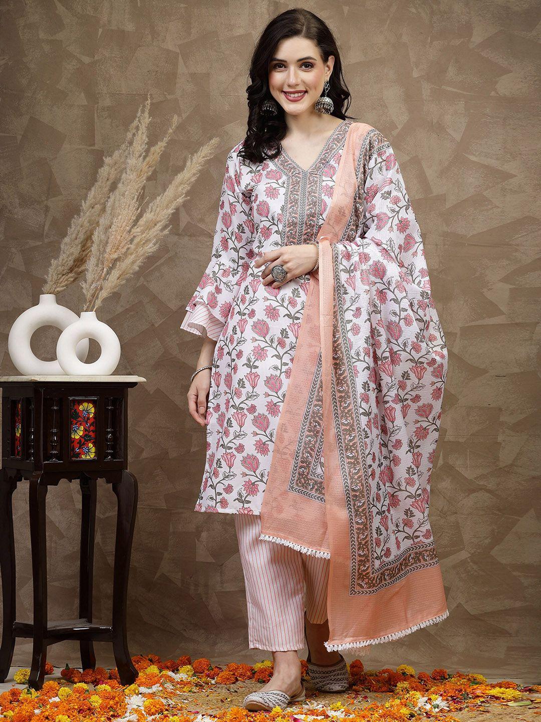 kalini floral printed v-neck straight kurta with trousers & with dupatta