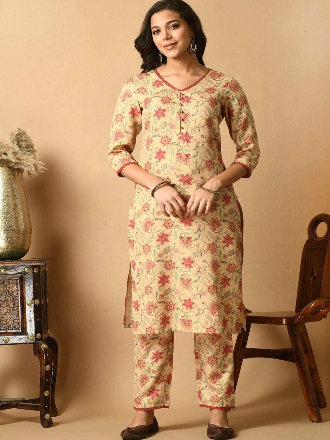 kalini floral printed v-neck straight kurta with trousers