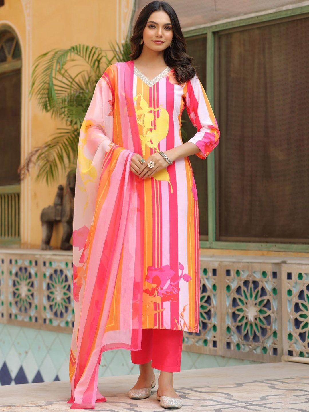 kalini floral printed v-neck thread work detailed straight kurta & trouser with dupatta