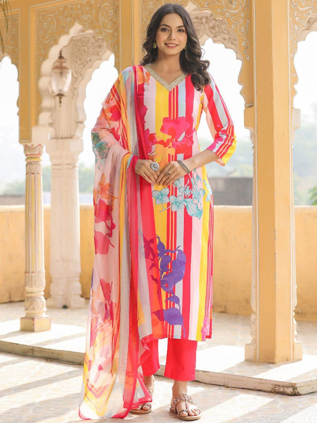 kalini floral printed v-neck thread work detailed straight kurta & trouser with dupatta