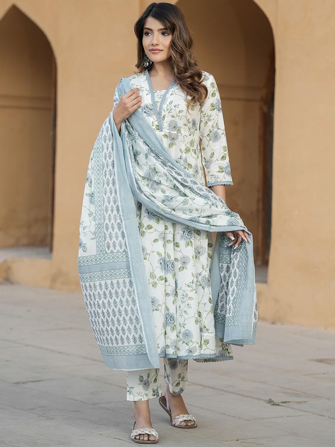 kalini floral printed v-neck thread work pure cotton empire kurta with trousers & dupatta