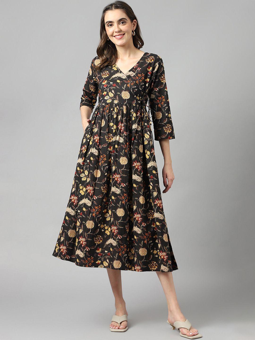 kalini floral printed v-neck tie-up cotton a-line midi dress