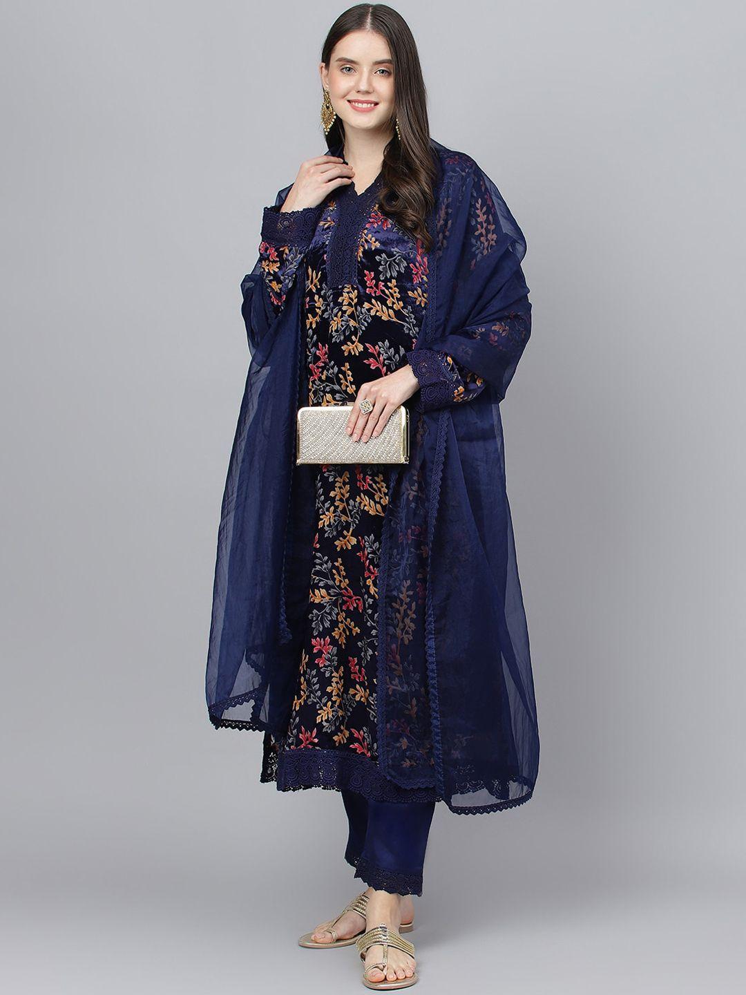 kalini floral printed velvet kurta with trousers & dupatta