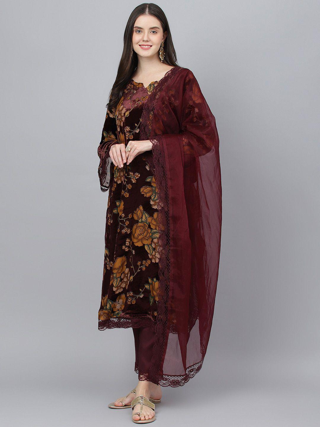 kalini floral printed velvet kurta with trousers & dupatta