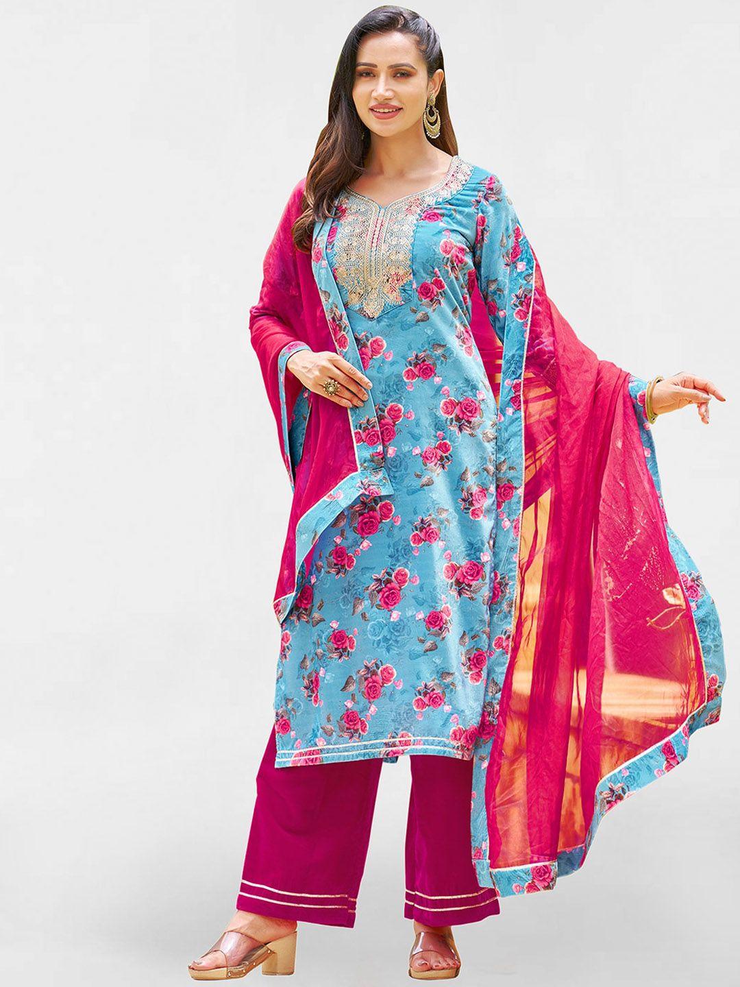 kalini floral printed velvet straight kurta with trousers & dupatta