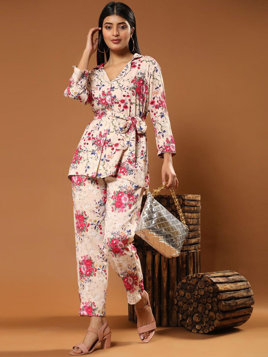kalini floral printed waist tie-ups shirt with trousers