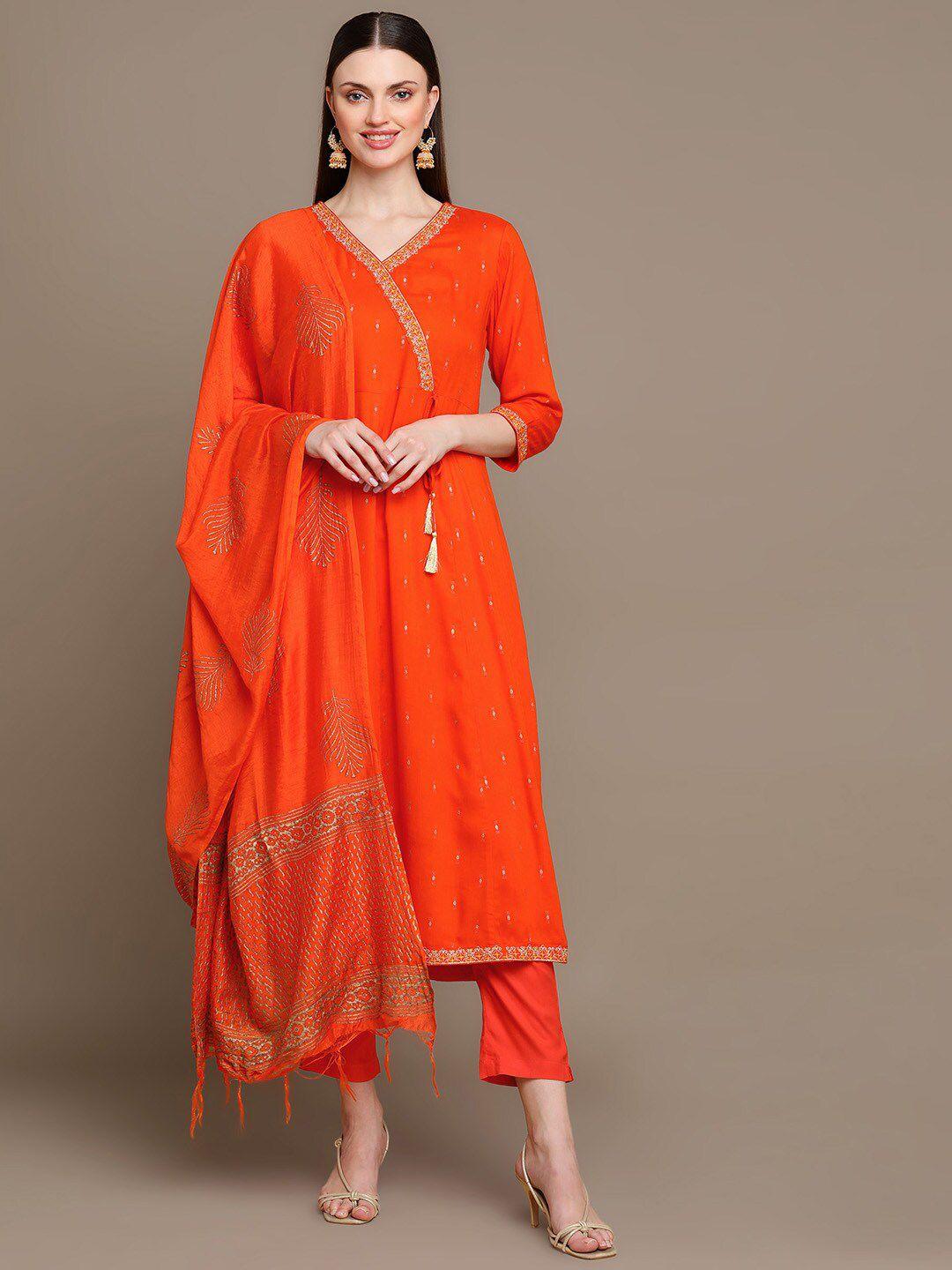 kalini floral printed with zari details angrakha kurta with trousers & dupatta