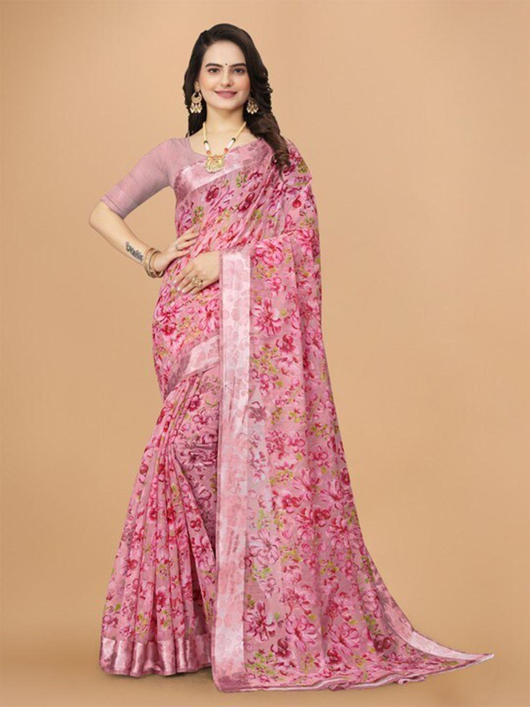 kalini floral printed woven design pure linen saree
